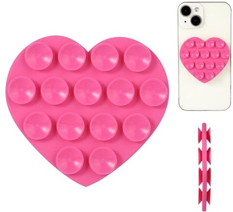Heart Shape Double Sided Phone Suction Holder, Multi-Purpose Silicone Suction Cup Phone Mount Sweet Phone Case Sticky Phone Grip for Mobile Devices Mirror Glass (Pink)