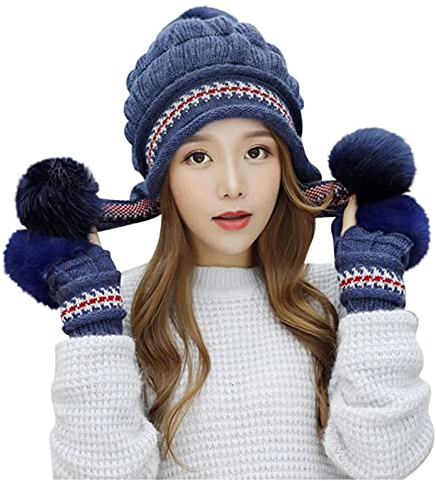 Trappermütze Mongolisch Winter Strickmütze Ohrenklappe Fellmütze Schneedicht Winddicht Wintermütze Flauschig Kuschelig Strickmütze Niedlich Verdickt Damenmütze mit Bommel Damen Mädchen Mütze Outdoor