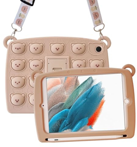 A-BEAUTY Custodia Bambini Compatibile con Samsung Galaxy Tab A8 10,5 Pollici (SM-X200/X205/X207), Silicone Antiurto Cover con Portapenne, Tracolla, Orso Marrone