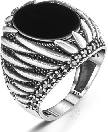 Herren-Ring aus 925er Sterlingsilber, Krallen-Design, schwarzer Onyx-Stein, Metall, Onyx