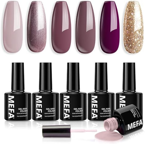 MEFA Gel Nail Polish Set, 6 Colors Nude Purple Brown Glitter Gold Gel Polish Set Soak Off for Salon Home DIY for Women