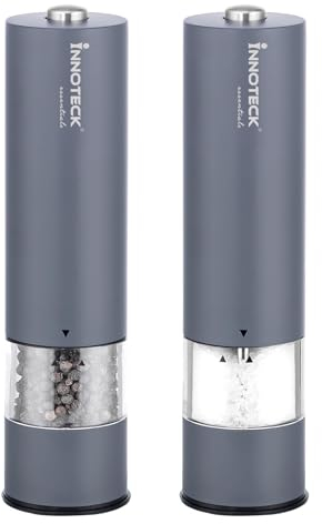 Innoteck Essentials Electric Salt and Pepper Mill Set - Battery-Operated Grey Pepper Mill with Light - One Touch Operation - Salt & Pepper Mills - Adjustable Coarseness - Ceramic Grinder