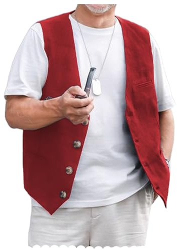 AeoTeokey Gilet in lino da uomo, estivo, vintage, retrò, vestibilità regolare, Colore: rosso, XL