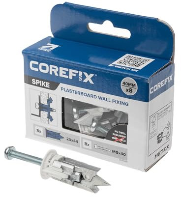 Corefix Spike Heavy Duty Plasterboard Fixings 8 Pack, DIY Kit with M5x40mm Screws. Easy to Install with NO Drill Required. Drywall Anchor, Wall Plug Alternative Suitable for All Plasterboard Types.