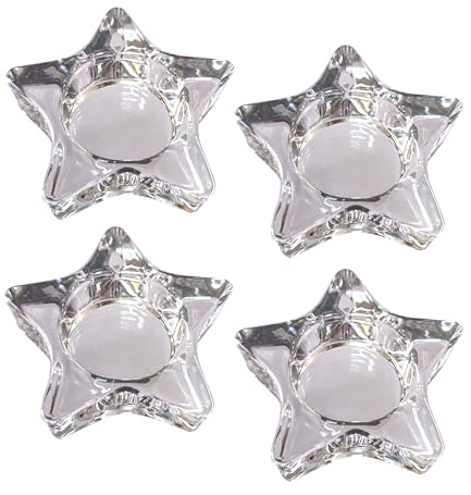 Set of 4 Clear Glass Tea Light Holders, Various Shapes, Suitable for 4cm Diametre Tealights Candles (Star)