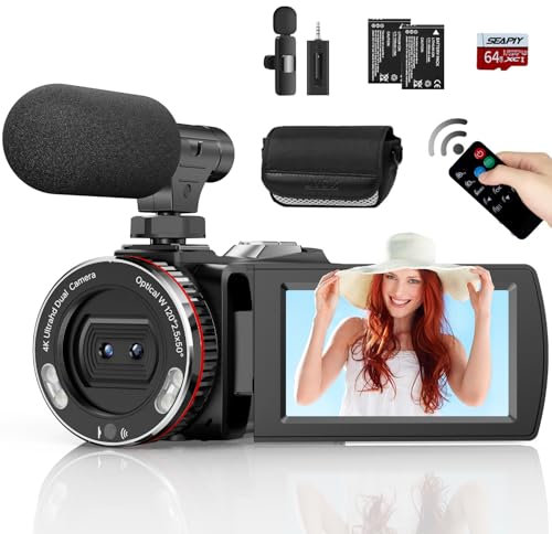 4K Camcorder, 64MP 60FPS Vlogging Camera with Wireless Microphone for YouTube, Ultra HD 3 Inch Flip Screen 21X Digital Zoom Video Recorder Camera with 64GB SD Card,Remote Control and 2 Batteries
