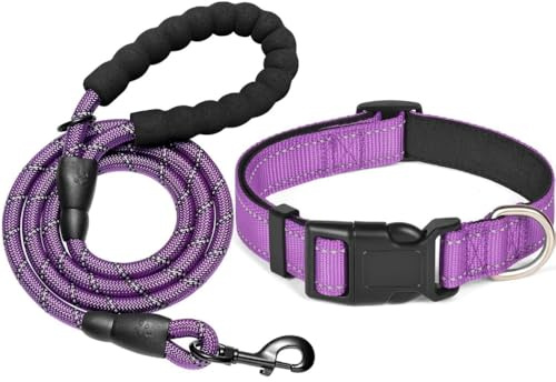KOMUNJ Set collare e guinzaglio riflettente per cani, collare regolabile, guinzaglio in nylon resistente per cani di taglia media e grande (Viola, S)
