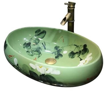 Lavabo da appoggio bagno Lavabo da appoggio grande ovale in ceramica dipinta a mano con loto, lavabo artistico in stile cinese for uso domestico, lavabo personalizzato for balcone Lavabo da Appoggio