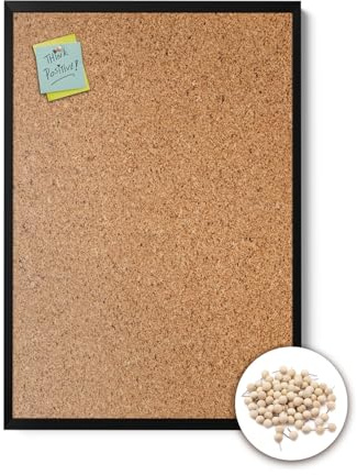 Wallfluent Korkplatte Wand 120x90 cm Pinnwand Kork 1,5 cm Dicke mit Schwarzer Rahmen aus Kunststoff mit Rahmen Naturkorkschicht Memo Board für Büro Schule und Zuhause Mit Pushpins