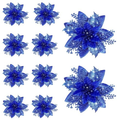 Fenteer 10 Stück Weihnachtssterne, 14,5 cm, Tischdekoration, Heimdekoration, künstliche Blumen, Glitzerblumen für Girlanden, Weihnachtskranz, Tiefes Blau