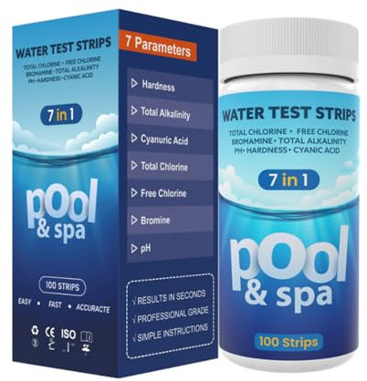 AKSBTEC 7 in 1 Pool Teststreifen, Schnell Pool Wassertester Einfach Teststreifen für Pool Ph und Chlor,Cyanursäure,Brom und mehr Pool Tester Poolzubehör für Schwimmbäder,SPA