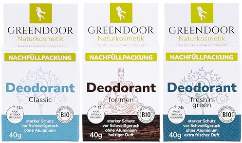 GREENDOOR Deodorant Refill System, 3 * 40g Refills classic + for men + fresh'n green, nachfüllbares festes Deo ohne Aluminium, sicherer starker Schutz, vegan, plastikfrei