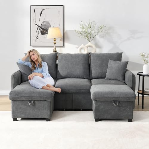VICONELISE Multifunktionale Ecksofa U-Form-Dreisitzer Polster-Sofa mit Staufunktion – Inklusive Schubladen + Hocker mit Staufach, modular zerlegbares Sofa-Set mit Schlaffunktion, Chenille-Bezug