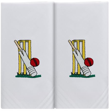 Box of 2 White Cotton Handkerchiefs Each Embroidered with Cricket Stumps a Cricket Bat and Red Ball