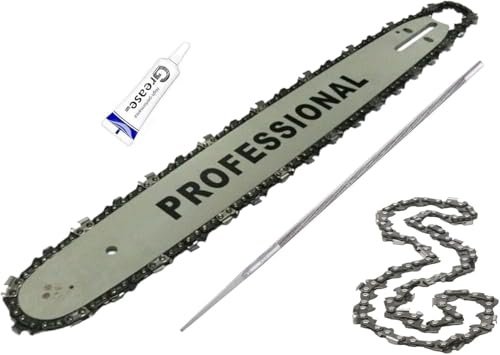 Lama e Barra Per Motosega 40 cm 16 Pollici 3/8 1.3 mm 57 Maglie Ricambio 2 Catene in Omaggio Per Motoseghe Scoppio, Barra Guida + 1 Tubetto di Grasso Lubrificante + Lima Affilacatena