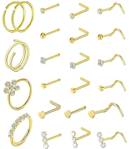 23 PCS Gold Nose Stud, Nose Rings Hoops, Nose Stud Kit, Nose Studs Hypoallergenic Surgical Steel Helix Hoop, Stainless Steel Nose Rings and Studs in L Shape Screw Nose Studs Nose Piercing Jewelry