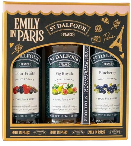 St. Dalfour Pack Regalo de Mermeladas – Edición Emily in Paris – 100% fruta, sin azúcar añadido, sin gluten – 3x284g (4 Frutas/Higos/Arándano) con cuchara