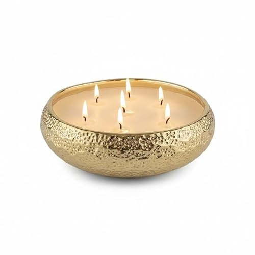 Aeolian 7 Wick Vanilla Scented Candle in Hammered Champagne Bowl (20cm) - Luxurious Soy Wax Table Centrepiece, Perfect Home Decoration Gift, Elegant Interiors by Rowen Homes (Gold)