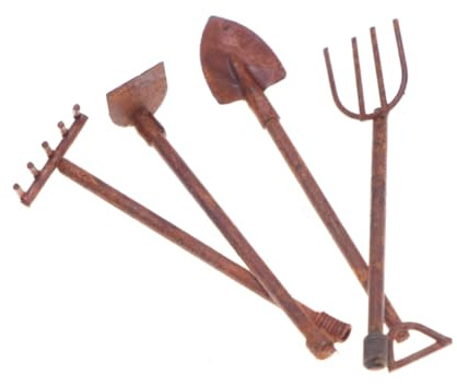 Super Idee 4er Set 1/12 Miniatur Rost Schaufel Rechen und Hacke Bauernhof-Werkzeuge Gartenwerkzeug Wichtel Zubehör Metall Weihnachten Miniatur Werkzeug Set Puppenhaus Weihnachtswichtel Zubehör