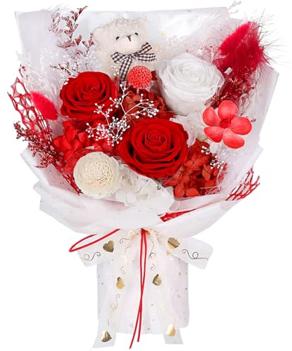 Konservierter Blumenstrauß Rot mit Bär, 3 Infinity Rosen, für Frauen | Echte konservierte Rosen, jahrelang haltbar; zum Valentinstag, Jahrestag, Geburtstag für Freundin, Ehefrau, Sie