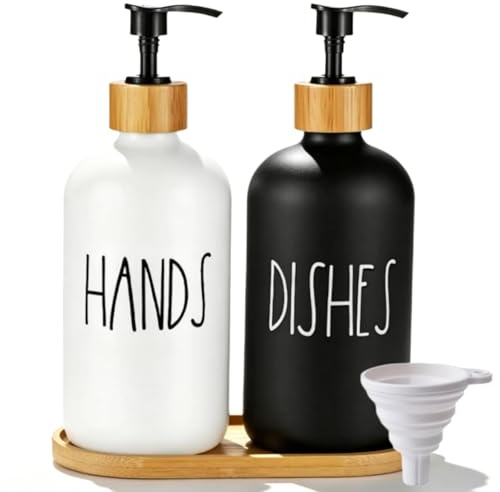 2 Pack Glass Soap Dispenser Bottles, Glass Soap Dispenser Bottle with Pump, with Tray Refillable hand soap dispenser, for Kitchen or Bathroom Countertop Laundry Essentials
