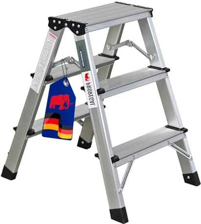 PROREGAL Trittleiter 3 Stufen klappbar Alu Stehleiter Aluleiter beidseitig begehbar bis 150kg belastbar 60x35x50cm Aluminium rutschfest Stufenstehleiter leicht Klapptritt Tritthocker