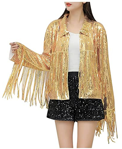 Generisch Pailletten Fransenjacke Damen Glitzer Jacke Hiphop Langarm Lametta Fransenjacke Bomberjacke Reißverschluss Fliegenjacke Bikerjacke Bolero Schulterjacke Outwear Y2K 90S Streetwear