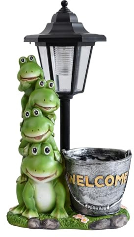 F Fityle Sculpture en résine représentant une grenouille de jardin avec seau et lampe solaire, pièce unique pour jardin ou terrasse.