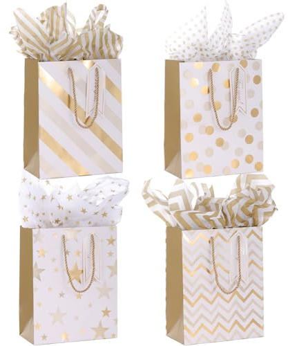 4Pack Medium Gift Bags with Tissue Paper,Gold,4 Design,18 x 23 x 10CM | Paper Bags With Gift Tags for Women,Men's Birthday,Christmas,Thanksgiving,Small Business,All Occation