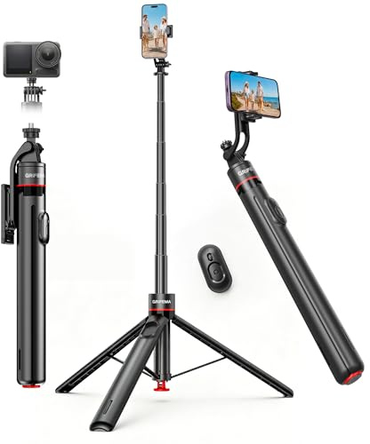 GRIFEMA Handy Stativ für Smartphone [Automatik-Öffnung], 175cm Aluminium | 7-Fach Höhenverstellbar, Selbstöffnendes Stativ, 360° Drehbar, Bluetooth-Fernbedienung, Für iPhone, Kamera & Vlogging