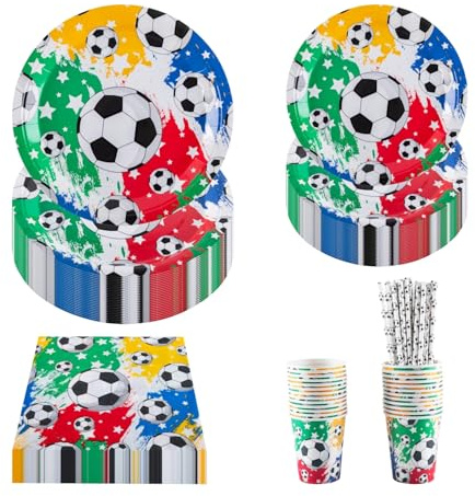 PHUNAT 25-Guests Football Party Plates Cups and Napkins Set, Includes Paper Plates (7 & 9 inch), Cups, Napkins, Straws, Ideal for World Cup, Birthday, Sport Themed Party