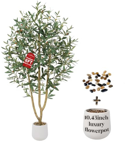 Keeplush 6FT Olive Trees Artificial, Large Faux Olive Tree with White Tall Planter, Faux Tree Indoor with Lush Lifelike Fruits for Living Room Bedroom Balcony Corner Office Home Decor
