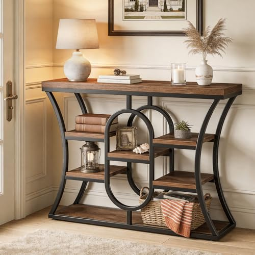 Tribesigns Tavolo Console Industriale 105 cm, 5 Ripiani Sfalsati, Tavolo da Divano con Struttura in Metallo e Scaffali Portaoggetti, Mobile Stretto per Ingresso, Corridoio, Soggiorno, Marrone Rustico
