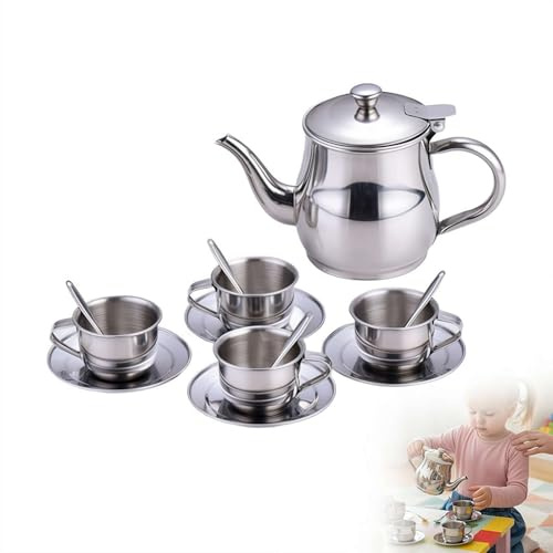 Kids Stainless Steel Tea Set - 6-Piece Unbreakable Metal Teapot & Cups for Pretend Play, Durable Heat-Resistant Toy for Role Play, Toddlers, Boys and Girls