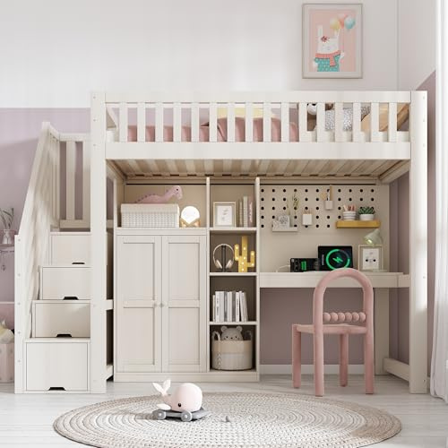 VLIVRA Hochbett 90x200 mit Kleiderschrank Schreibtisch Kinderbett | Modernes Loft Bed Stauraum Lattenrost Weiß Ohne Matratze Jugendbett Kiefernholz Loftbed Massivholz Schrank Kombination