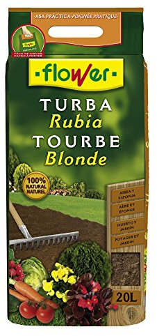 Flower - Sustrato Turba Rubia 100% Natural 20L | Cultivo y Jardinería | Mejora Aireación y Retención de Agua | Enmienda Orgánica, Marrón, 30x5x55 cm, Sustrato