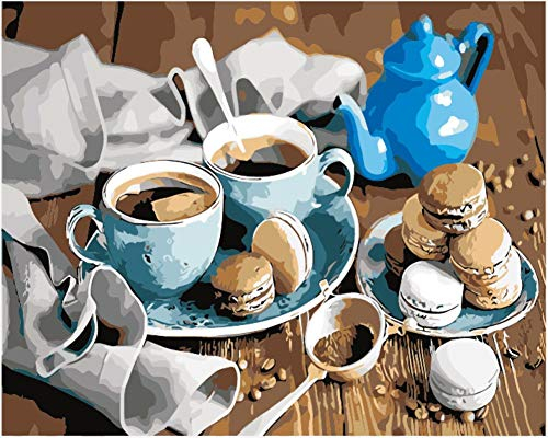 WOWDECOR Paint by Numbers Kits, DIY Oil Painting - Coffee Macaron Biscuit Cup Teapot 16x20 inch (X7043, Frameless)