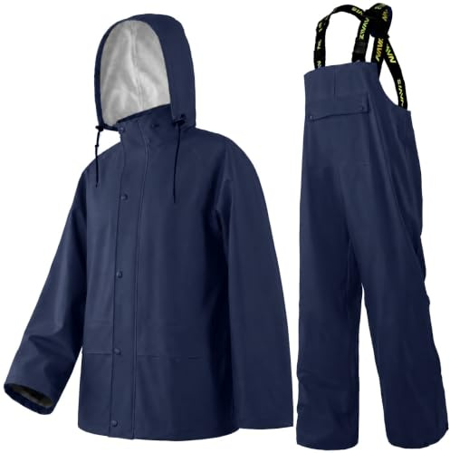 Men's Pro Workwear Heavy Duty 3-Piece Waterproof Rain Suit PU Coated - Hooded Jacket Bib Pants for Farming Construction(Navy, X-Large)