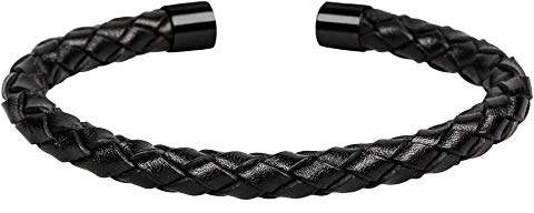 MENDOZZA Herren Armreif Leder Armband Edelstahl Männer-Schmuck Bangle Größenverstellbar (Schwarz-Schwarz, 17.5)