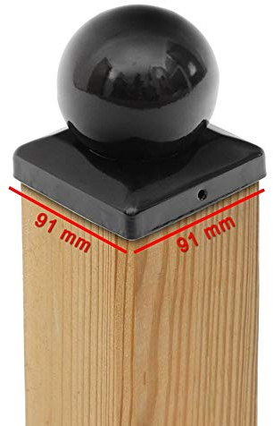 5 x Pfostenkappe 91x91 mm Schwarz mit Kugel – Zierkappe aus Stahl Pulverbeschichtet für 90x90 mm Holzpfosten – Robuster Zaunpfosten-Schutz mit Seitlicher Befestigung
