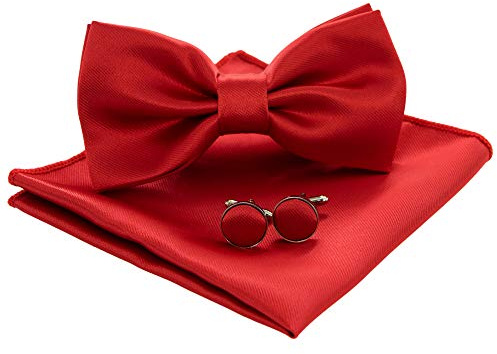 JEMYGINS Noeud Papillon Homme Rouge en Soie Satin Double Pli Mariage école fête et Boutons de Manchette et Carré de poche Ensemble Compris boîte(1)