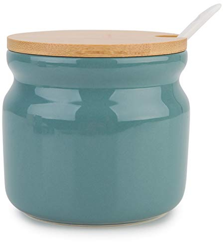 Chase Chic Zuccheriera in Ceramica 230 ml, Formaggiera con Coperchio in Legno e Cucchiaino in Porcellana, Ideale per Cucina, Verde Scuro