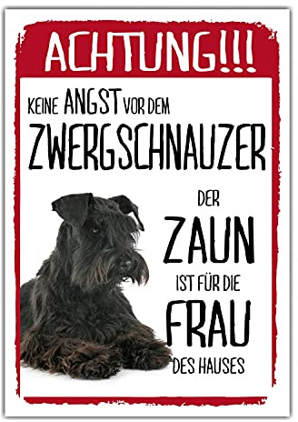 Zwergschnauzer Schwarz Dog Schild Achtung Zaun Frau Spruch Türschild Hundeschild Warnschild Geschenkidee lustiger Spruch Hundemotiv Aluminium Wetterfestes Hundeschild