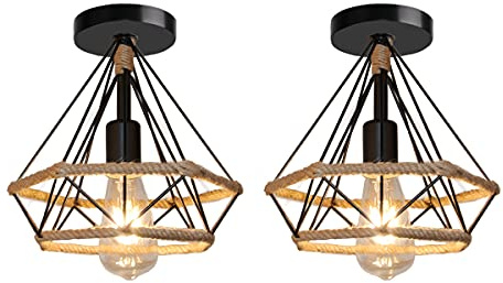 TOKIUS Retro Deckenleuchte, Industrielle Deckenlampe 25cm E27 Vintage Pendelleuchte Schwarz Lampenschirm aus Metall mit Hanfseil Diamant-Design Lampe für Esszimmer Flur Wohnzimmer Café (2 Stücke)