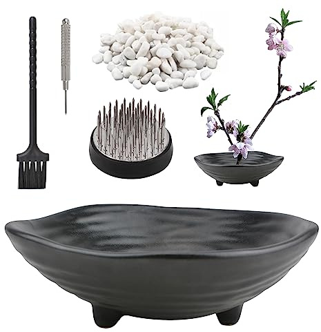 CRAFFANCY Blumentopf, unregelmäßiger Mini-Blumentopf aus Keramik mit 4,6 cm großer Frosch und weißen dekorativen Steinperlen, Schwarze Blumenvase für Ikebana-Blumenarrangements