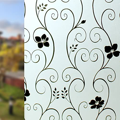 DIFIT Pellicola per Vetri Finestre Motivo Floreale 44.3x200cm, Pellicola Adesiva per Vetri Autoadesive Elettrostatica Anti-UV Satinata Decorative Pellicola Privacy Finestre per Casa, Fiore Nero