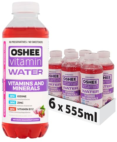 Oshee Vitamin Water – Non-carbonated red grape and dragonfruit flavour drink with addition of vitamins, zinc and iodine. Pasteurized, 555ml (Pack of 6).