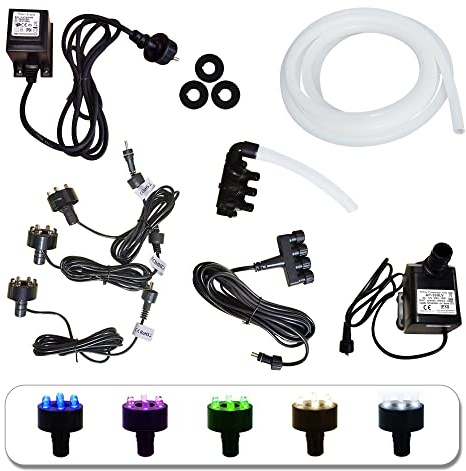 Köhko Komplett pumpset 1000 l/H för trädgårdsfontäner inklusive 3 LED-belysning (kall vit), 3-vägs vattenfördelare, 4-vägs strömfördelare, slang, 5 m förlängningskabel, tarfo och skumtätning