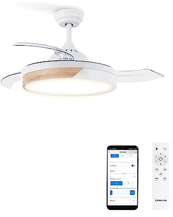 CREATE / WIND CLEAR/Deckenventilator mit Beleuchtung Weiß Helles Holz mit WLAN und Fernbedienung / 6 Geschwindigkeiten, Sommer-Wintebetrieb, einziehbare Flügel, programmierbar, 40W, Ø108cm