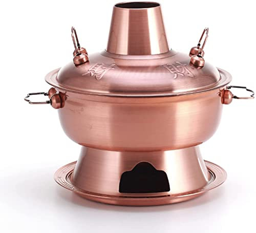Chinese Hotopot Stainless Steel Shabu Shabu Hot Pot with Chimney for Charcoal Burn Soup Pot Shabu Cooker Vintage Copper Cookware Pan for 3-7 People(Red Copper),36CM